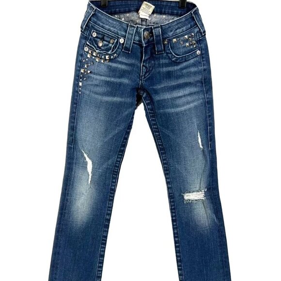 True Religion Billy Studded Rhinestone Flap Pocket Y2K Distressed Jeans Size 31 - Picture 3 of 15